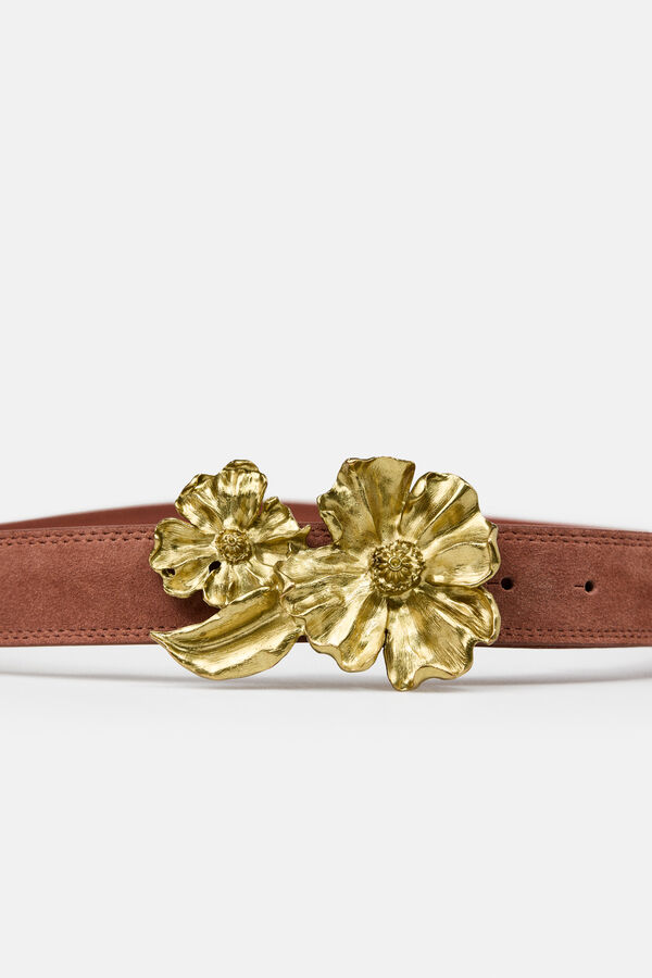 Hoss Intropia Lidia. Cintur&oacute;n de piel con hebilla flor Rosa