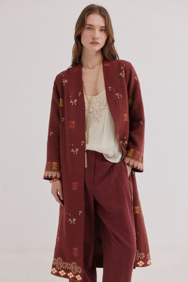 Hoss Intropia Entra. Kimono de lino largo Granate